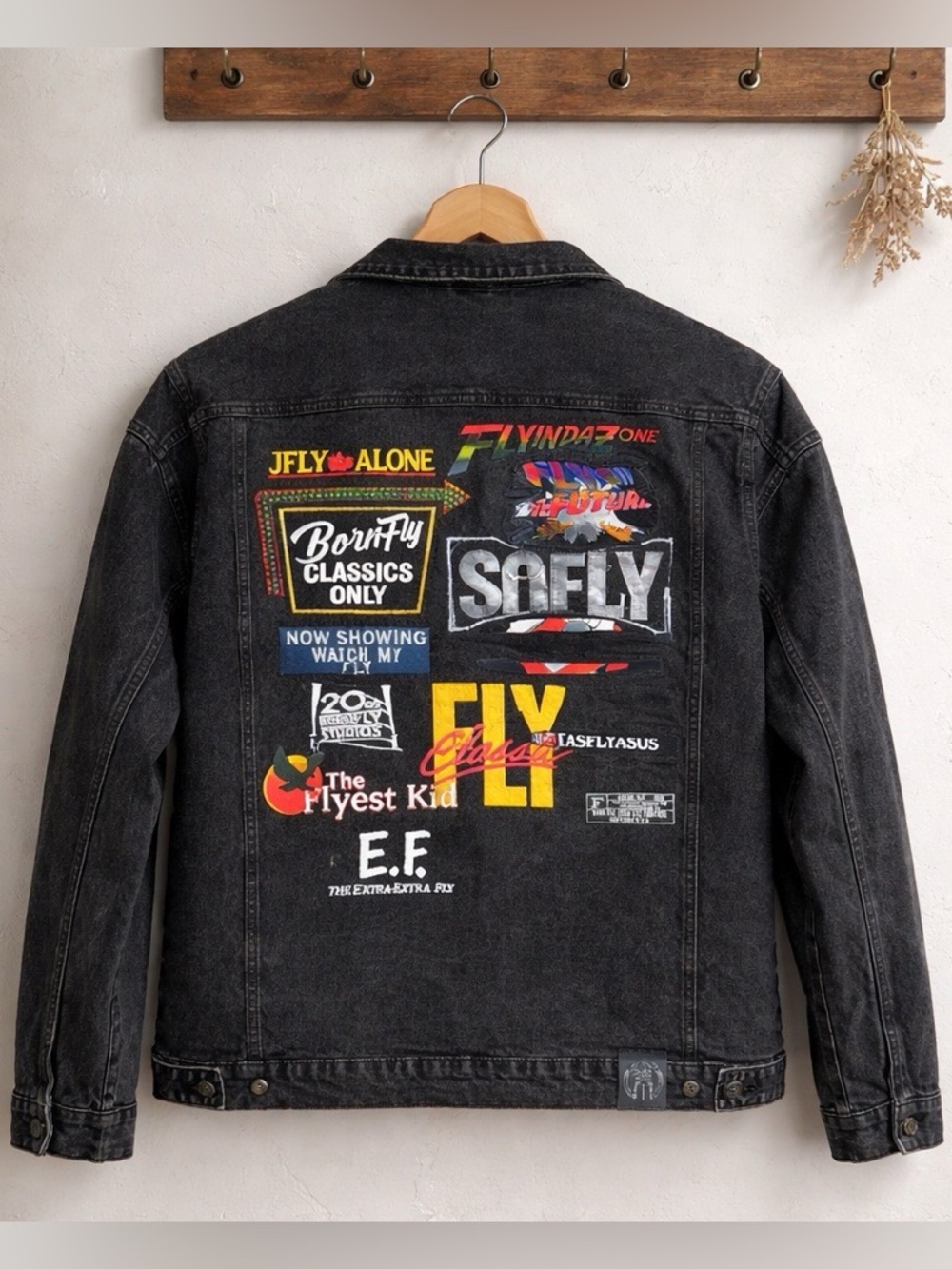 Born Fly Men's Black Tint Wash Embroidered Patchwork Denim Jacket Size XXL
